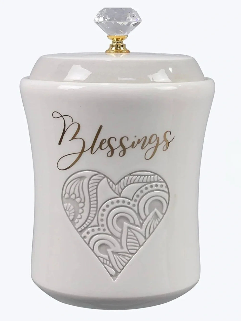 Young’s Inc White Wedding Blessing Jar with Crystal Knob and Embossed Heart